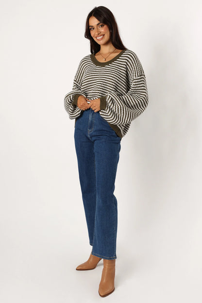 Becca Crewneck Waffle Stitch Stripe Knit Sweater Olive