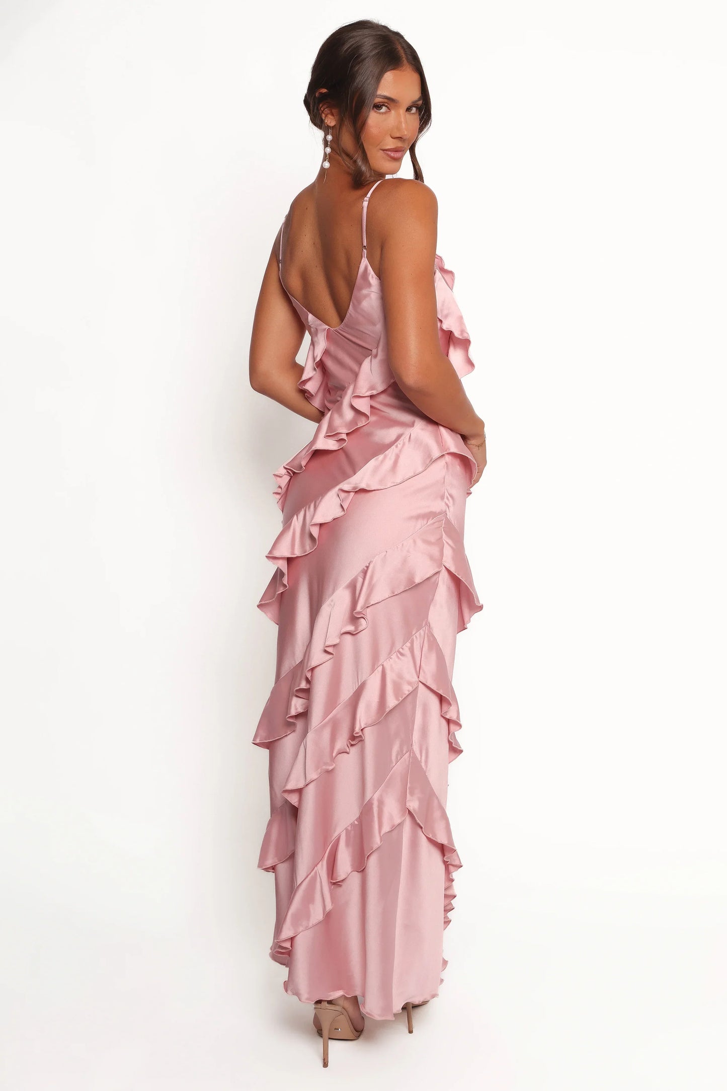 Ciao Ruffles Maxi Satin Dress Pink