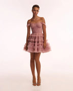 Flirty ruffled tulle mini dress in misty rose Glow Up