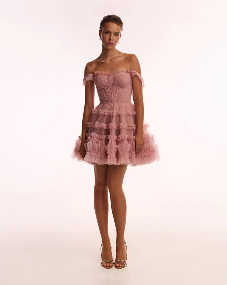 Flirty ruffled tulle mini dress in misty rose Glow Up