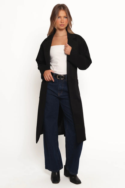 Kloss Tie Front Long Coat Black