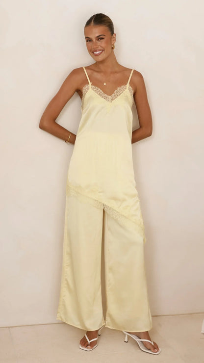 Hayleigh Asymmetrical Top and Pants Set Yellow Lace