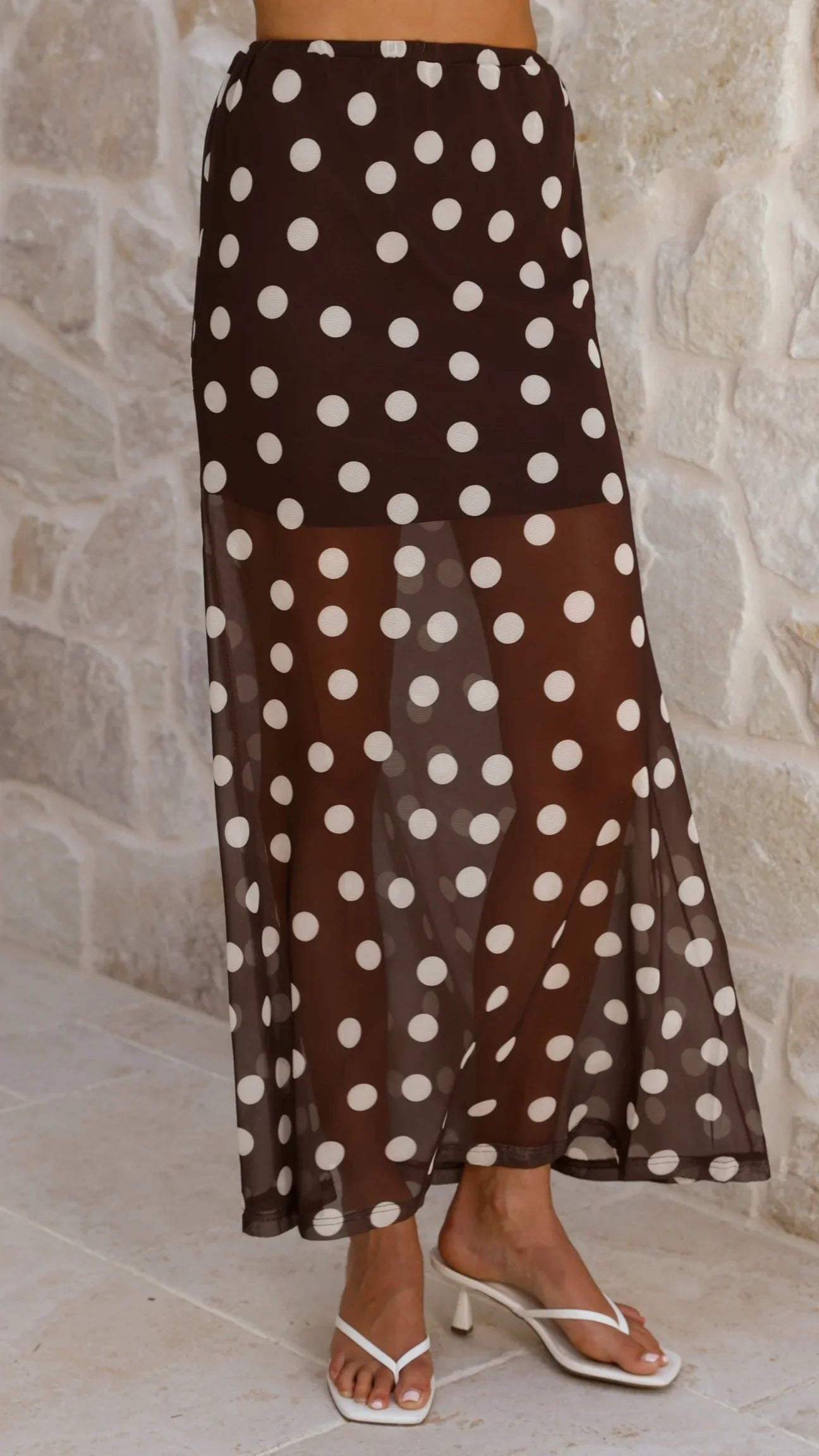 Onella Semi Sheer Maxi Skirt Chocolate White Polka Dot