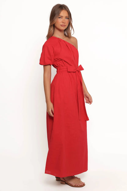 Roma One Shoulder Midi Dress Red