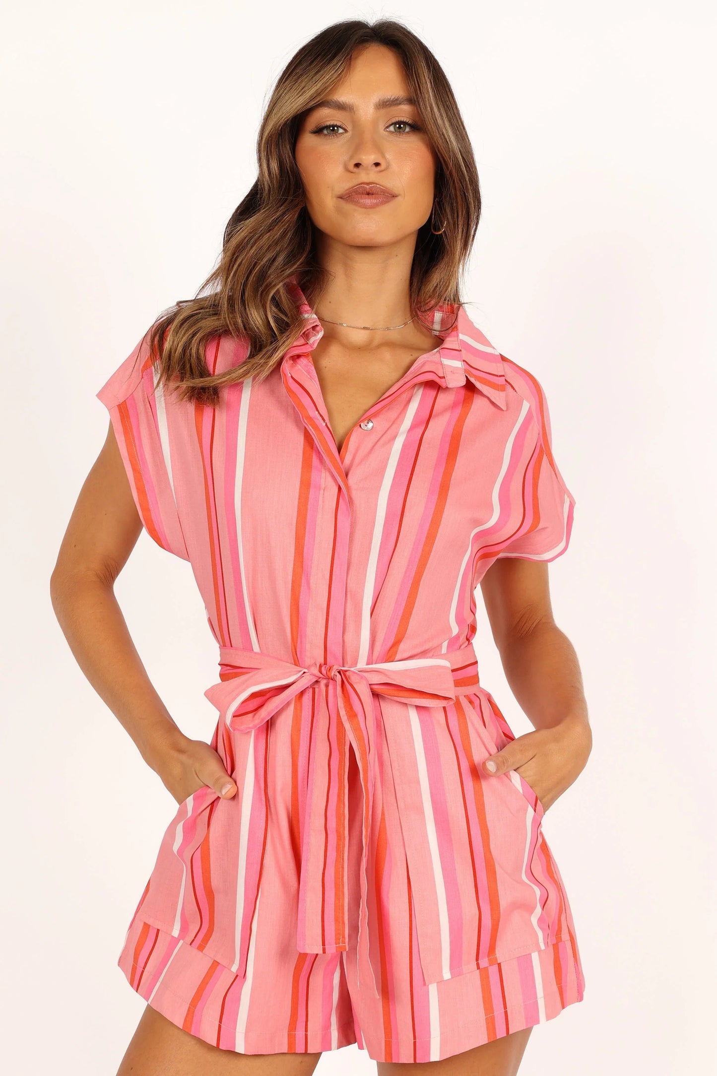 Addie Tie Waist Romper Pink Stripe