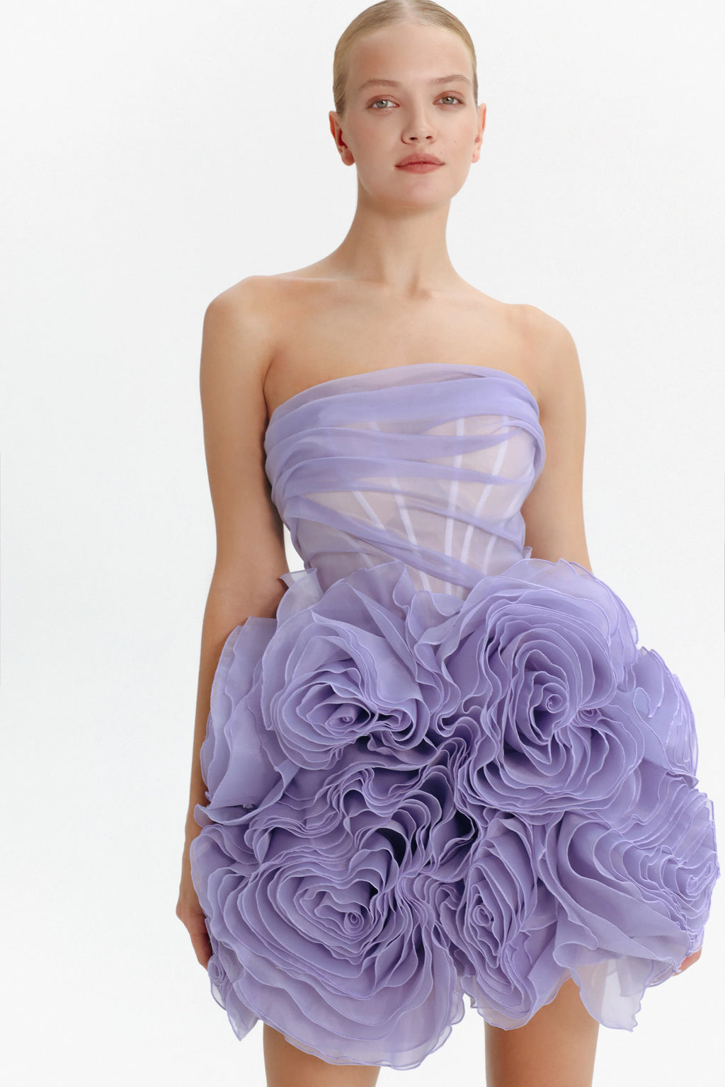 Appliquéd organza lavender mini dress