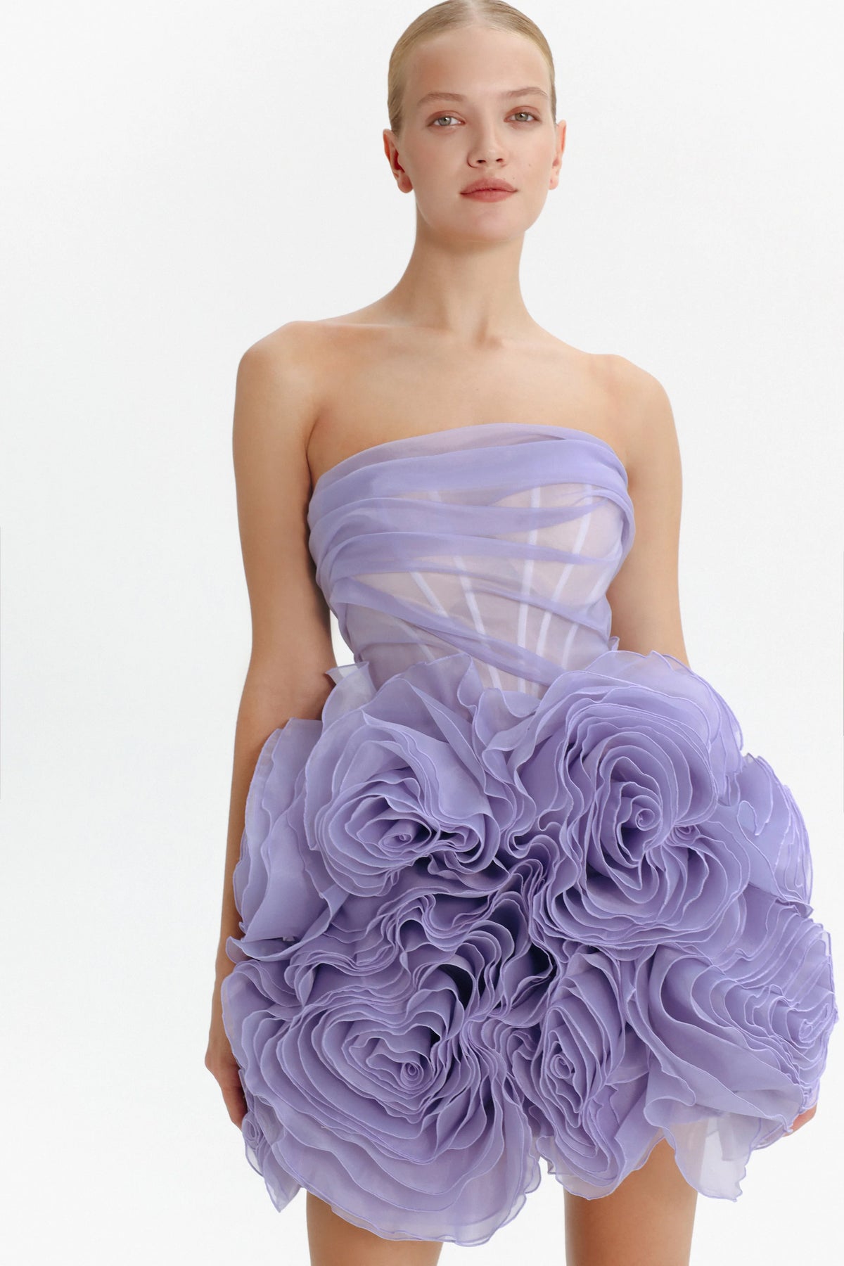 Appliquéd organza lavender mini dress