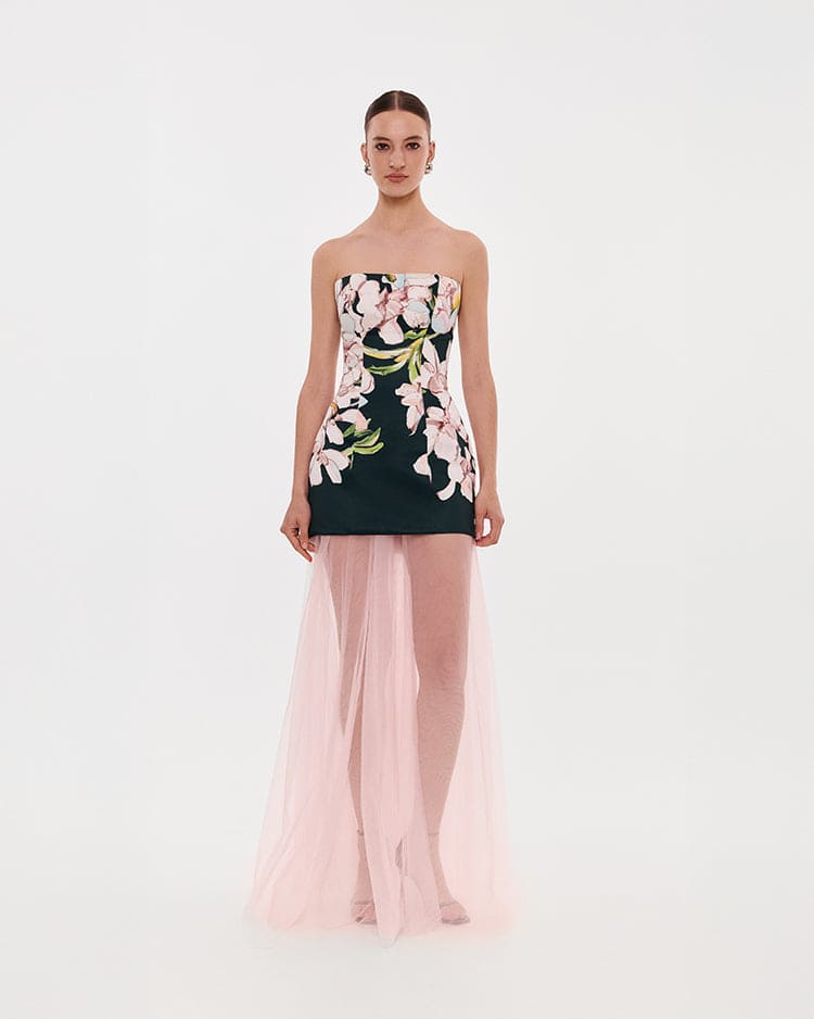 2 in 1 floral mini dress with a detachable candy pink sheer underskirt