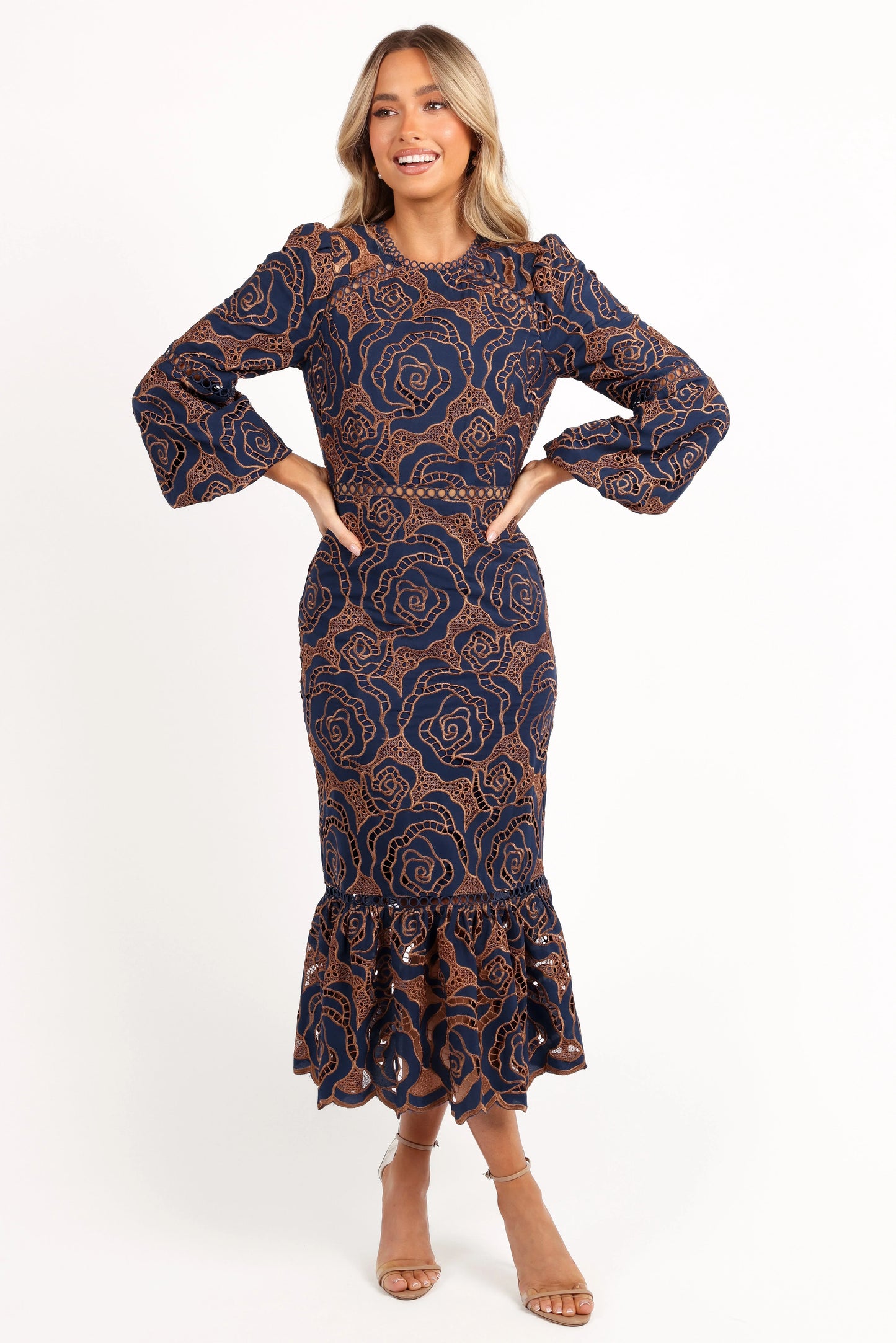 Pierre Long Sleeve Lace Maxi Dress Navy