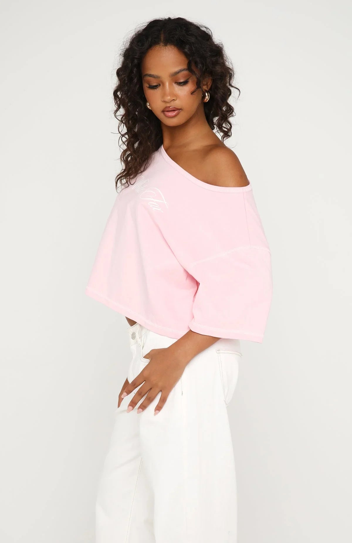 Need More Time Off Shoulder Oversized Tee Pink