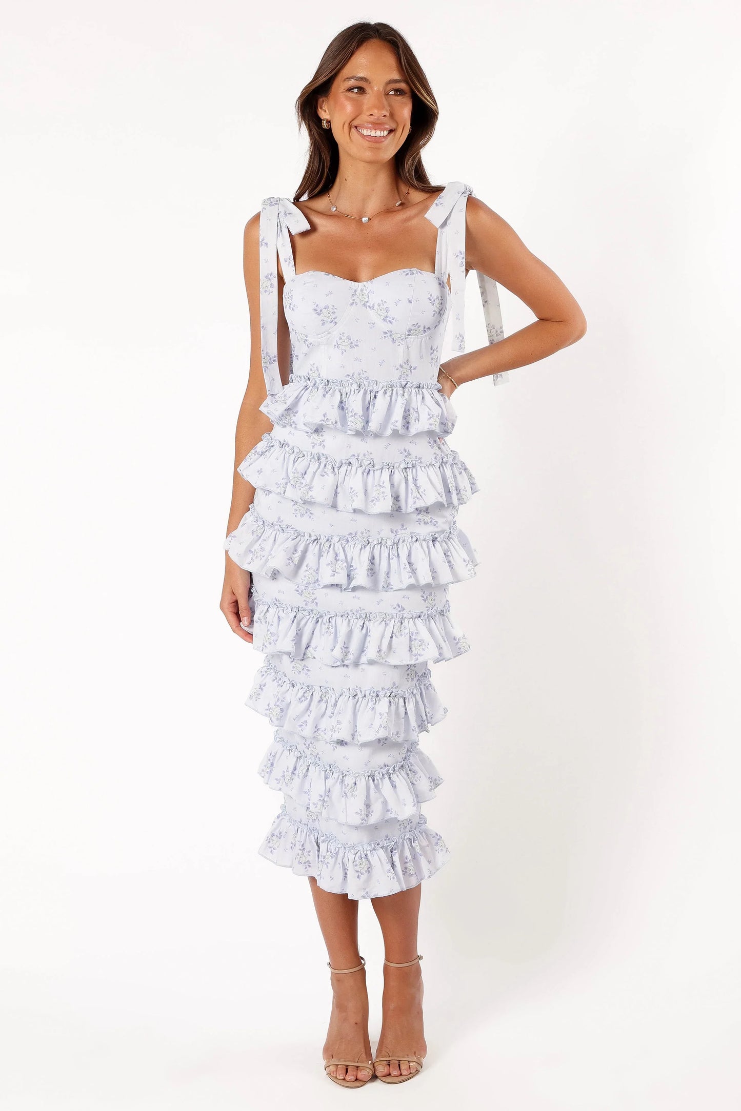 Marina Frilled Midi Dress Blue Floral