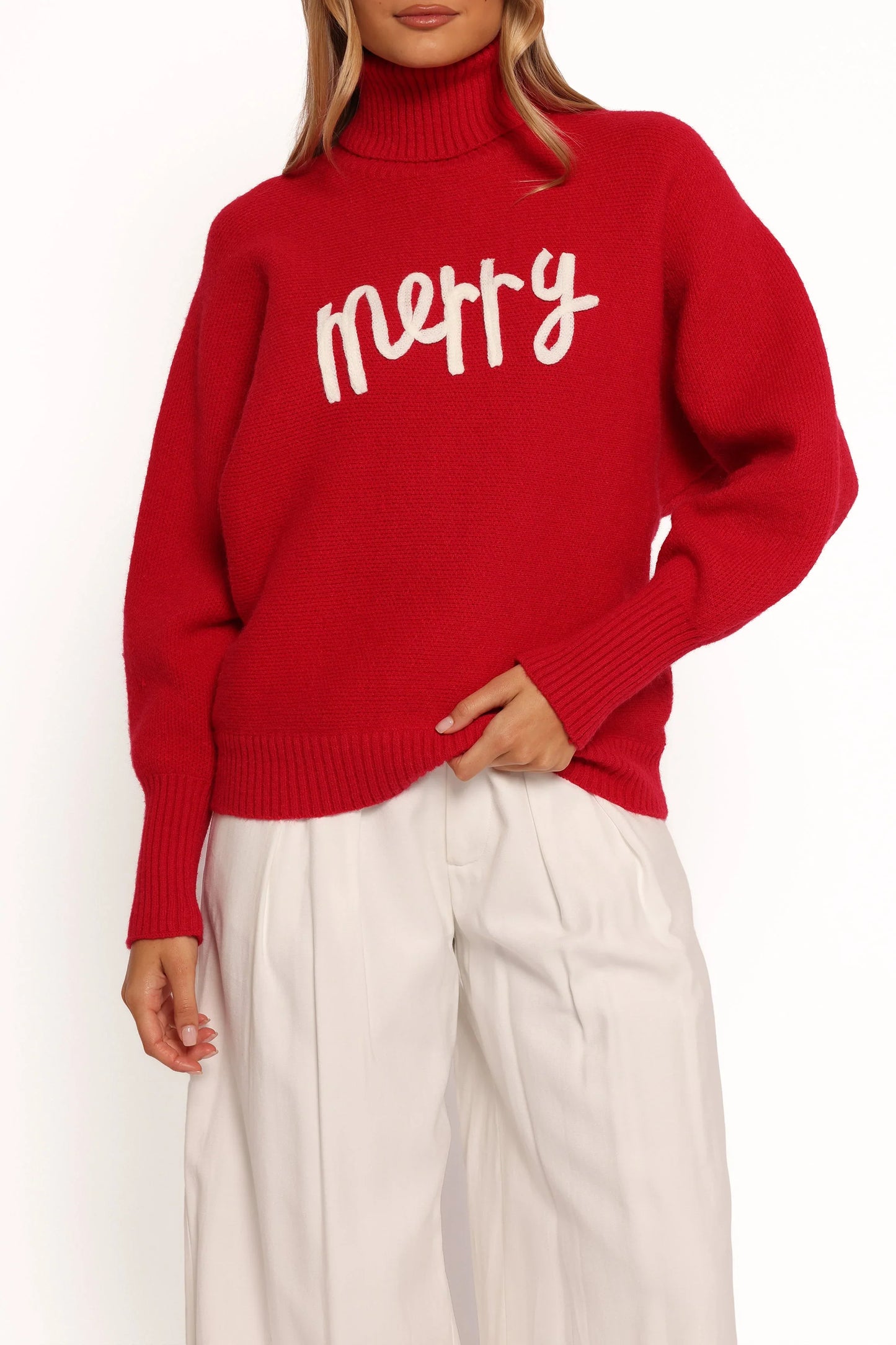 Merry Turtleneck Knit Sweater Red White