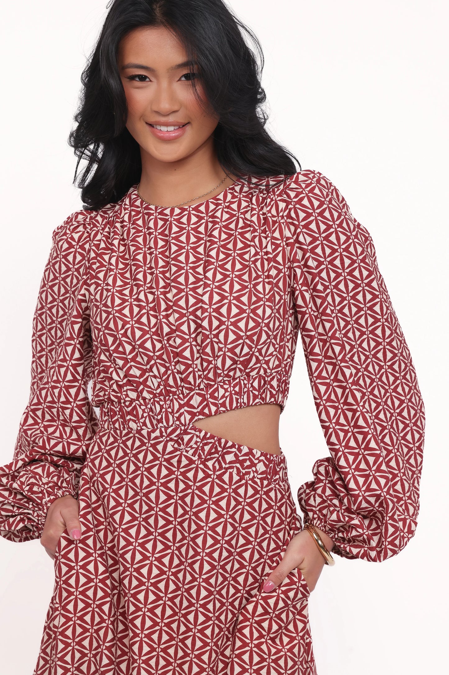 Ginnee Puff Sleeve Cutout Midi Dress Brown Geo