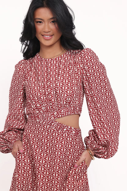 Ginnee Puff Sleeve Cutout Midi Dress Brown Geo