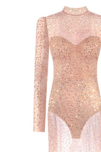 Radiant long sleeved maxi dress in rose gold