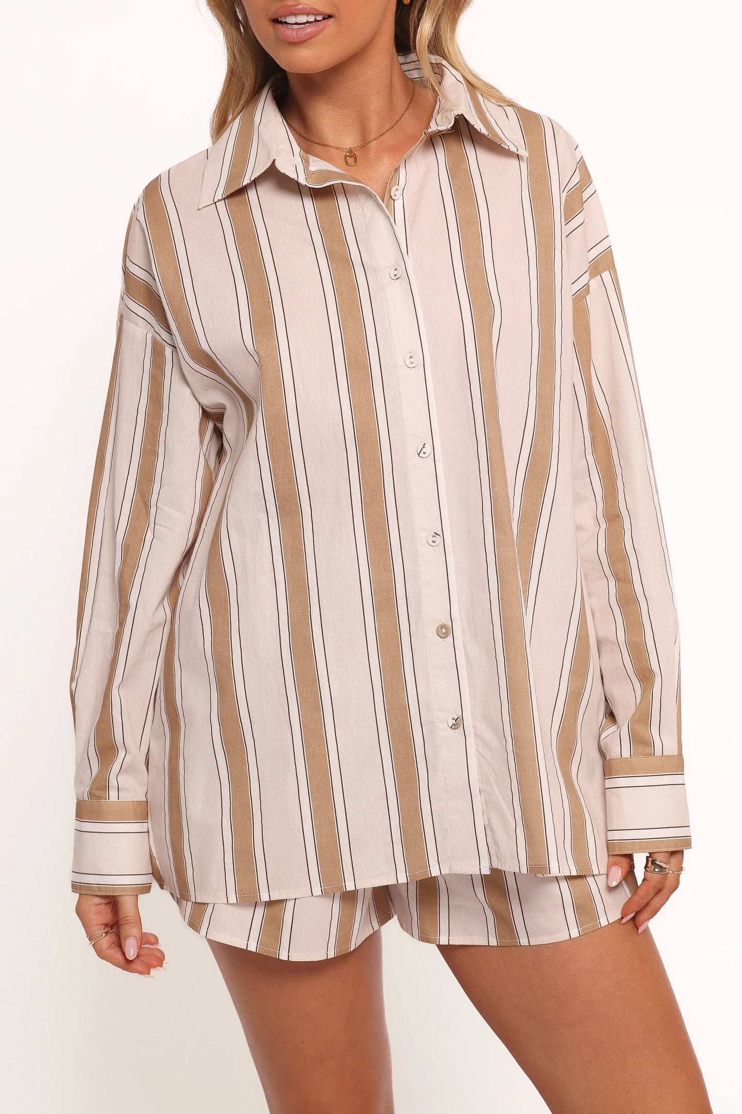 Dean Long Sleeve Short Set Beige Stripe