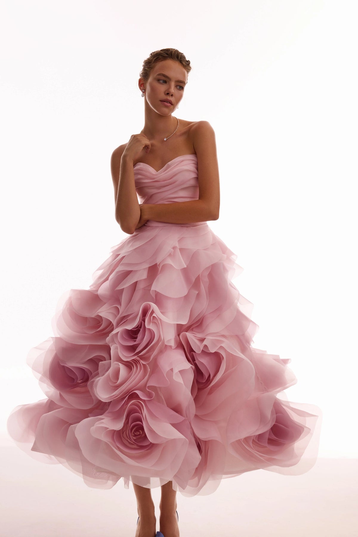 Dramatic flowered organza midi dress in misty rose Glow Up