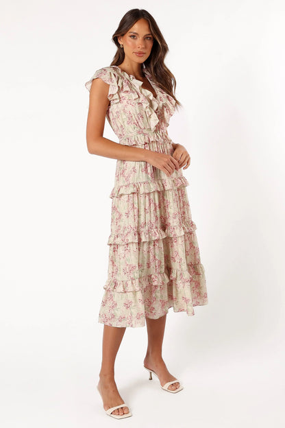 Levelle Midi Ruffle Dress Ivory Red Green Floral