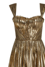 Golden Shiny maxi evening dress with an off the shoulder neckline