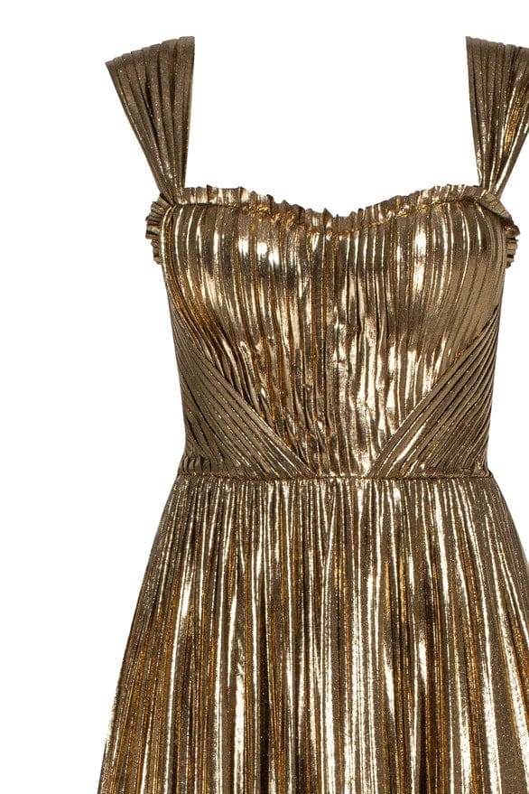 Golden Shiny maxi evening dress with an off the shoulder neckline