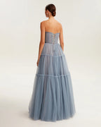 Cloudy blue tulle maxi dress with ruffled skirt Garden of Eden