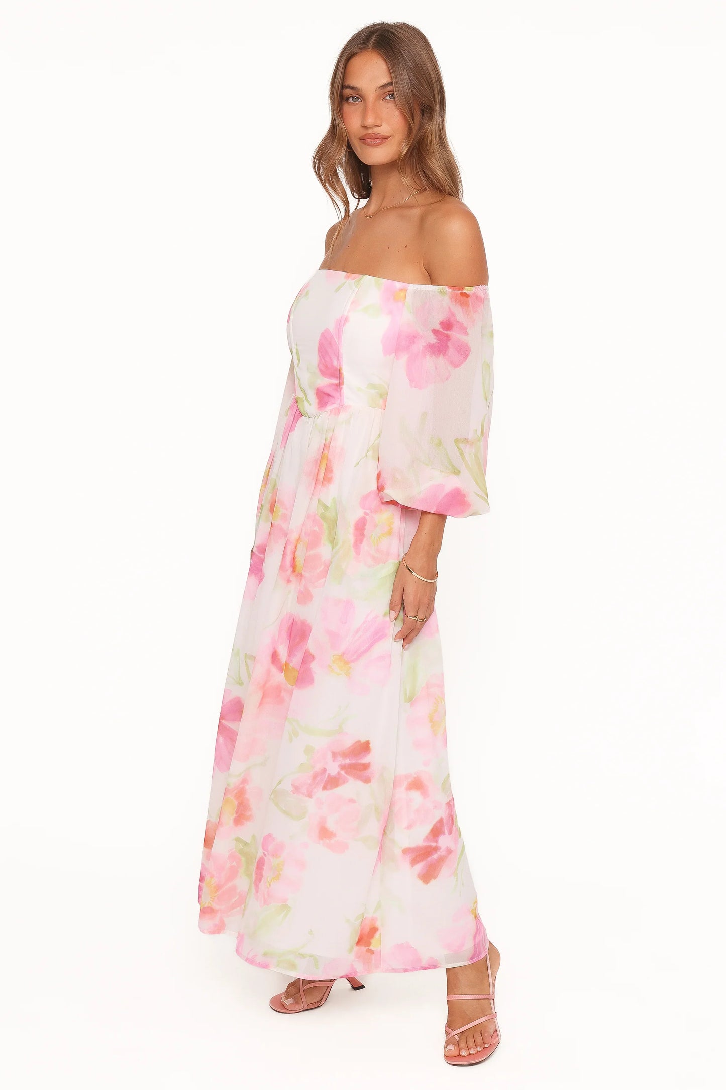 Chantel Off Shoulder Maxi Dress Pink Garden Floral