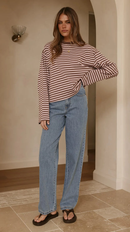 Solana Long Sleeve Top Pink Choc Stripe