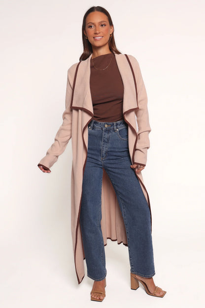 Vallis Contrast Trim Long Cardigan Beige