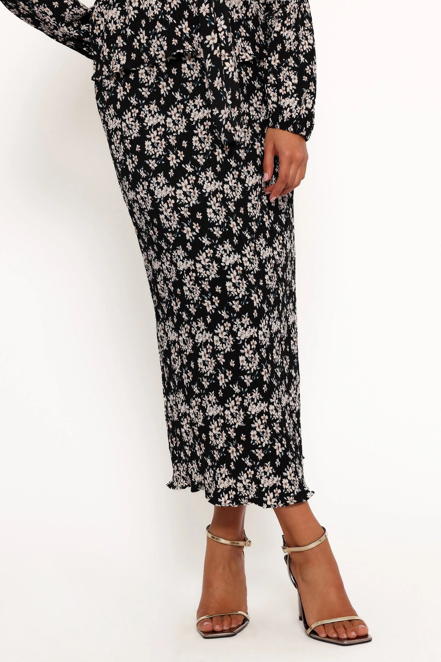 Minelli Pleat Midi Skirt Black White Floral