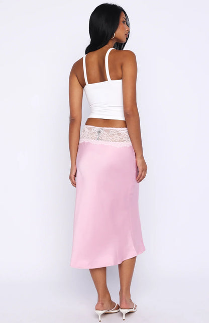 For A Long Time Lace Trim Midi Skirt Pink
