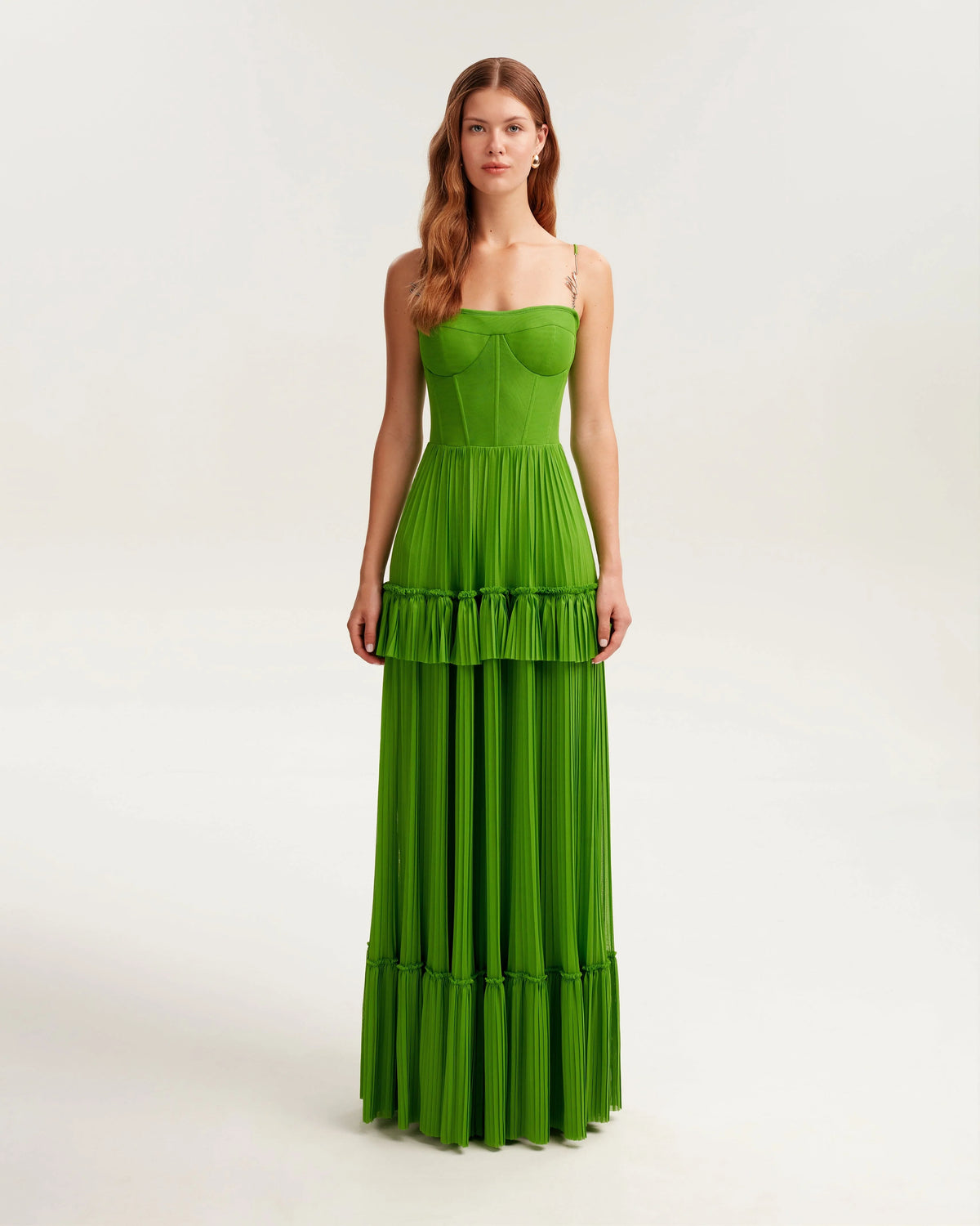 Green spaghetti strap pleated maxi dress Garden of Eden