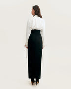 Elegant 3 piece set with white silk blouse white mini skirt and black crepe maxi skirt Xo Xo