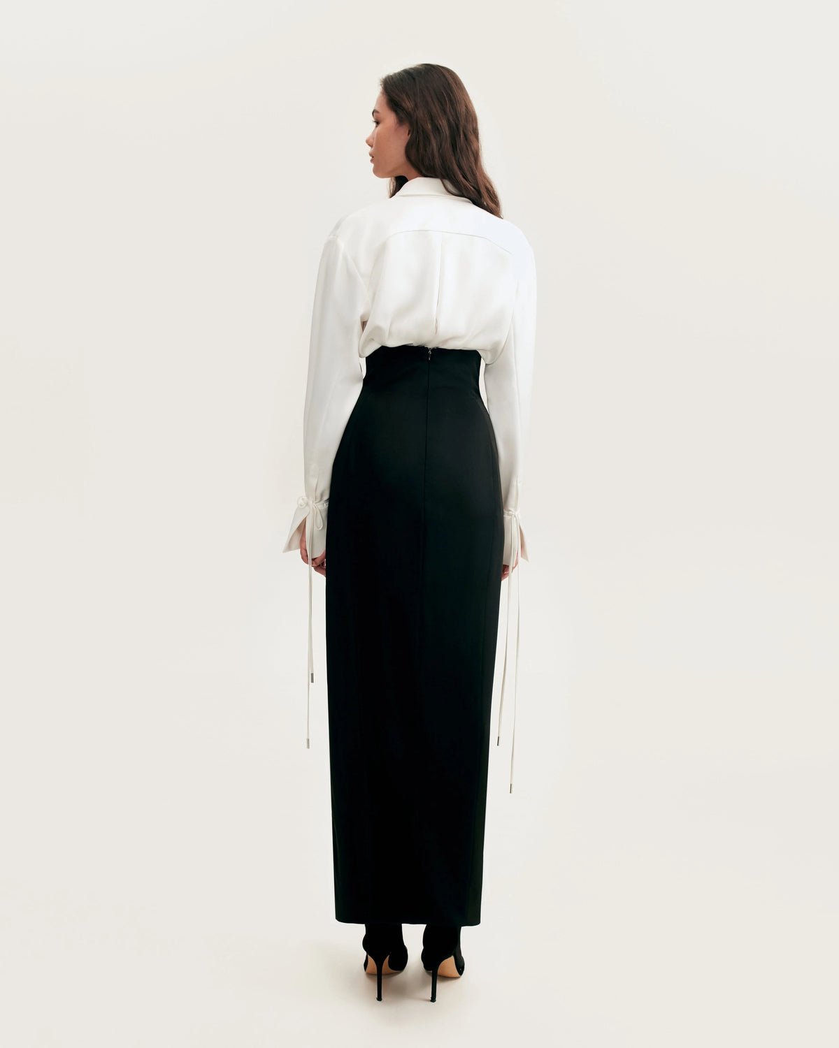 Elegant 3 piece set with white silk blouse white mini skirt and black crepe maxi skirt Xo Xo