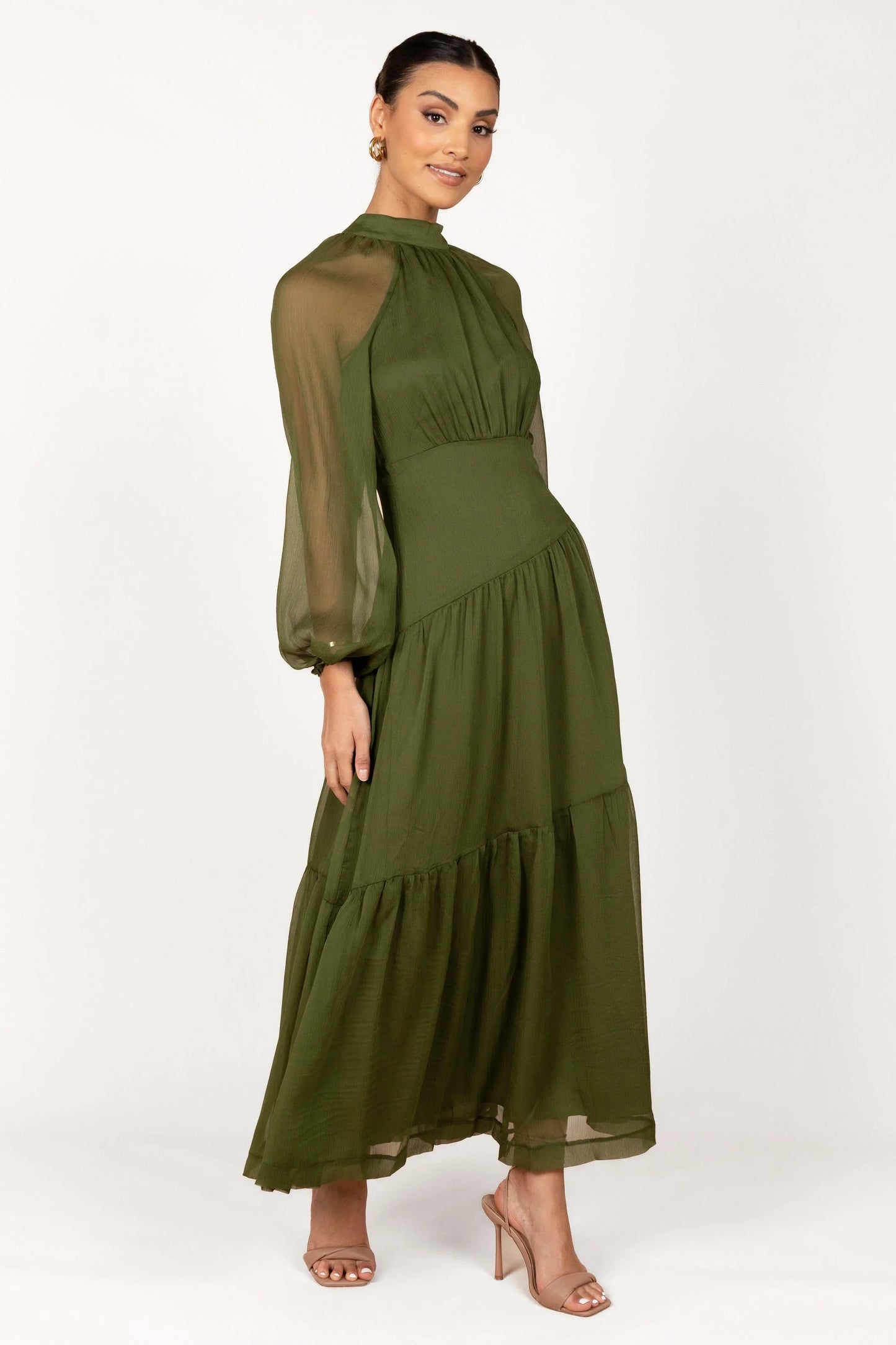 Julip Sheer Long Sleeve Maxi Dress Olive
