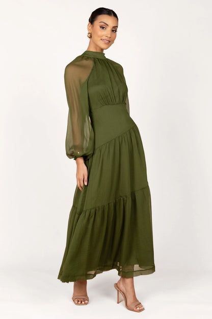 Julip Sheer Long Sleeve Maxi Dress Olive