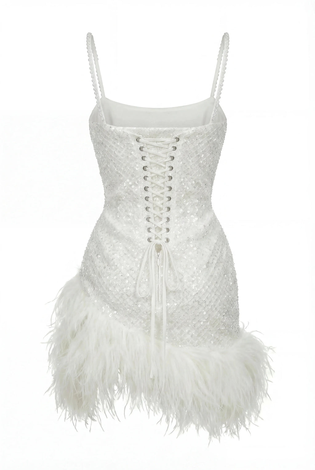 Corset Mini Ivory Dress with Pearls and Feathers