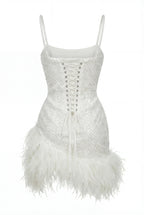 Corset Mini Ivory Dress with Pearls and Feathers