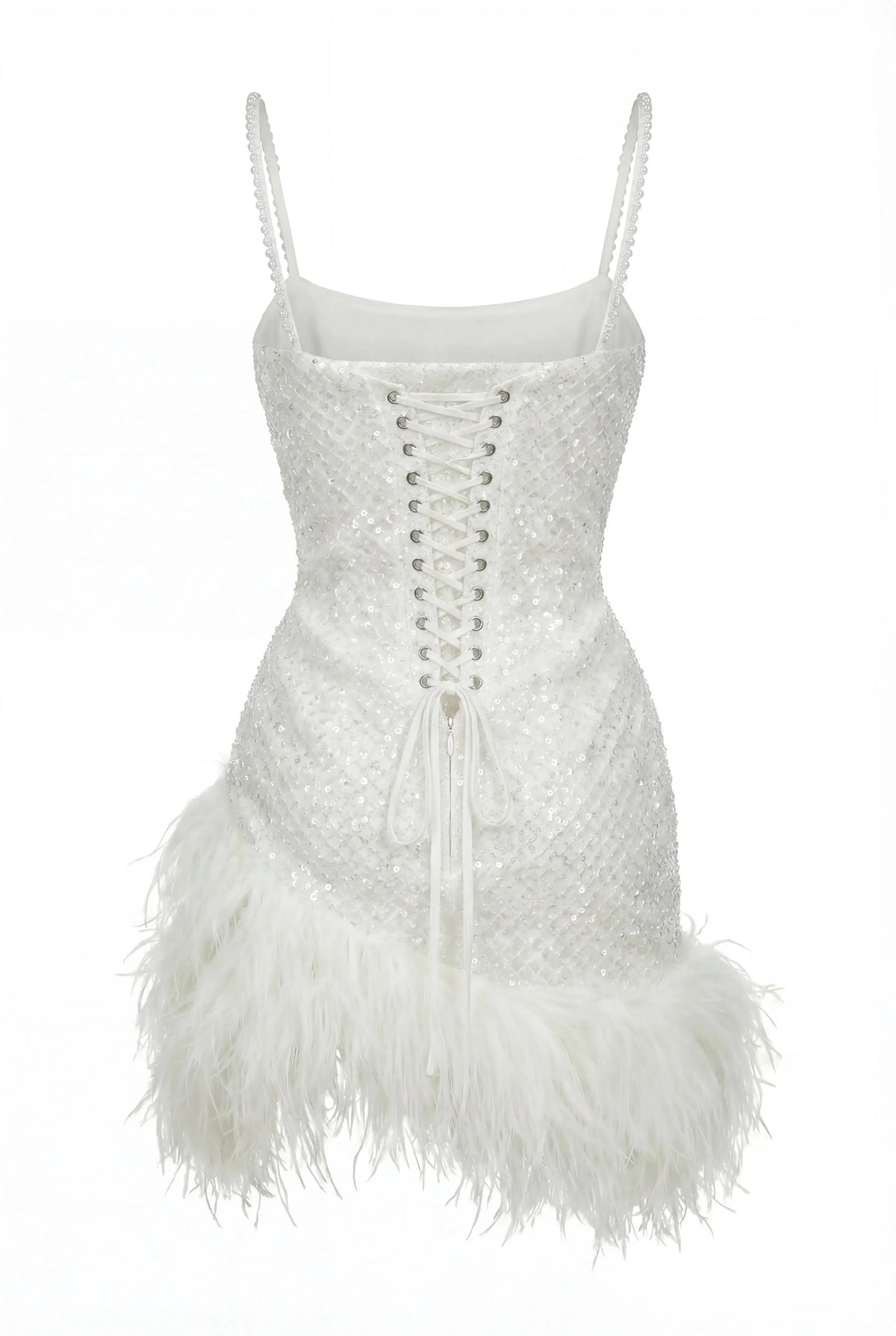 Corset Mini Ivory Dress with Pearls and Feathers