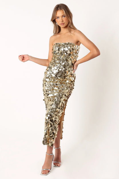 Gabourne Strapless Midi Dress Gold Sequin