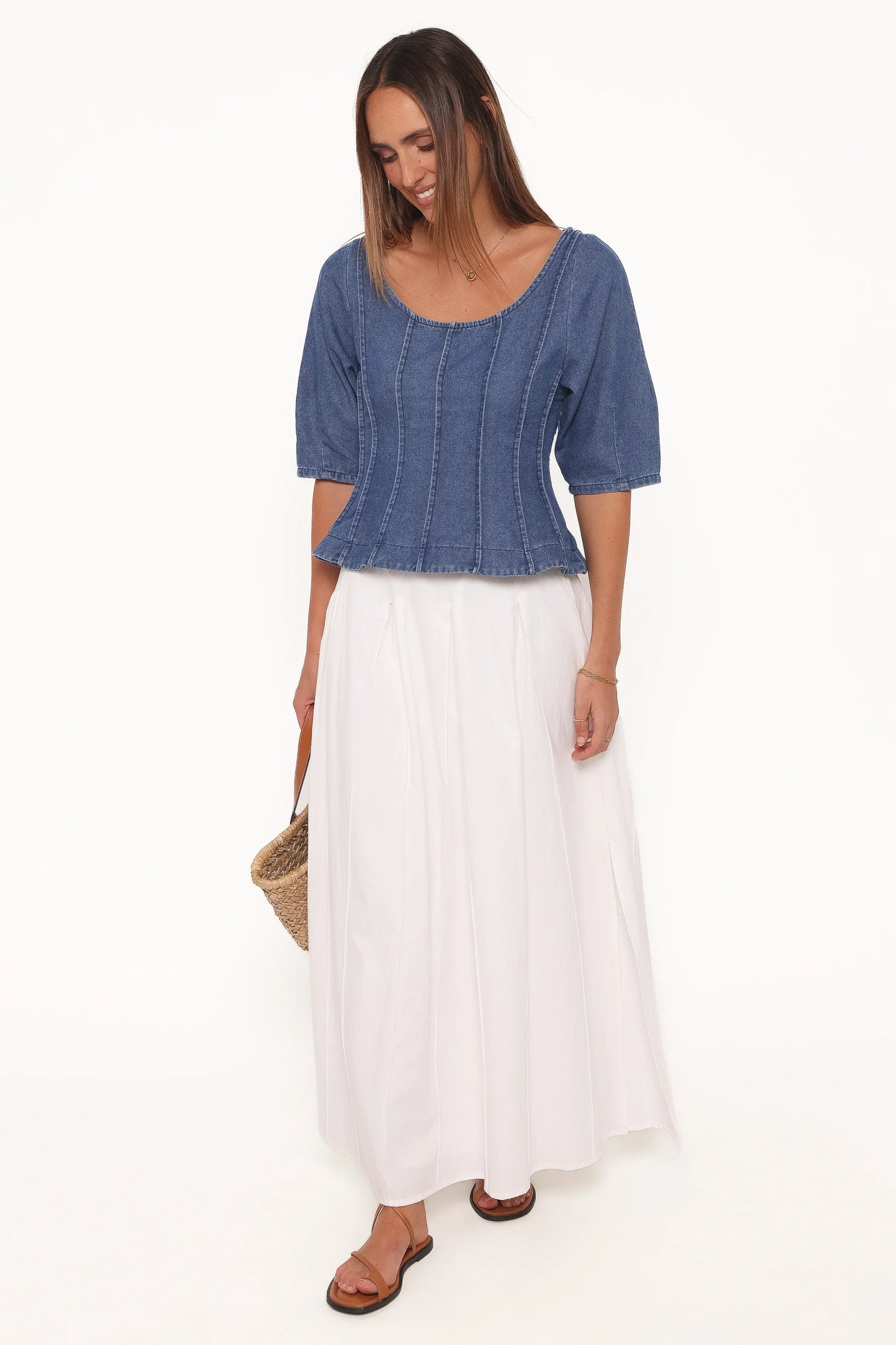 Saylor Denim Peplum Top Blue Medium Wash