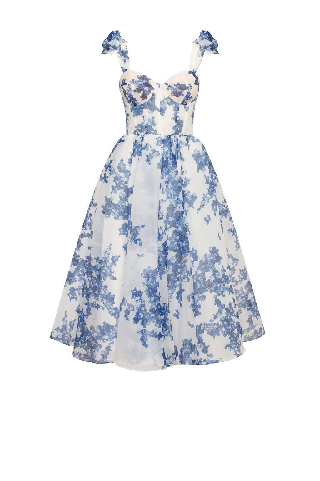 Charming blue hydrangea patterned organza midi dress Garden of Eden