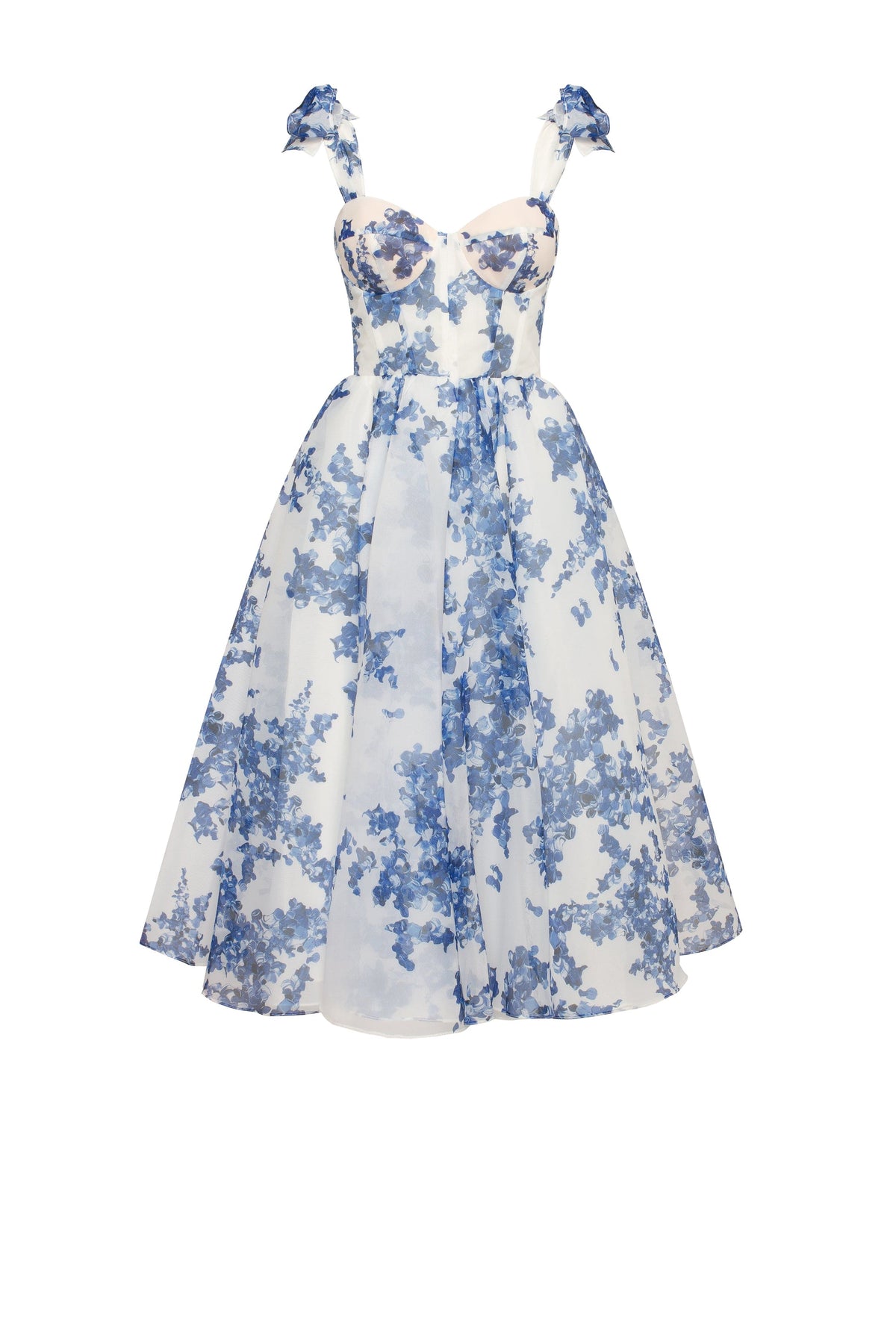 Charming blue hydrangea patterned organza midi dress Garden of Eden