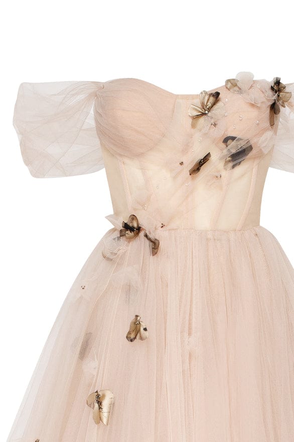 Off the shoulder midi gown with the tender embellishment