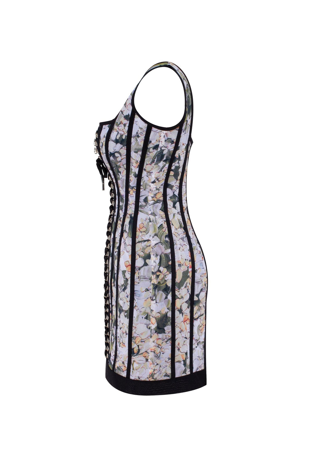 Alluring floral mini dress with bold lace up hook closure