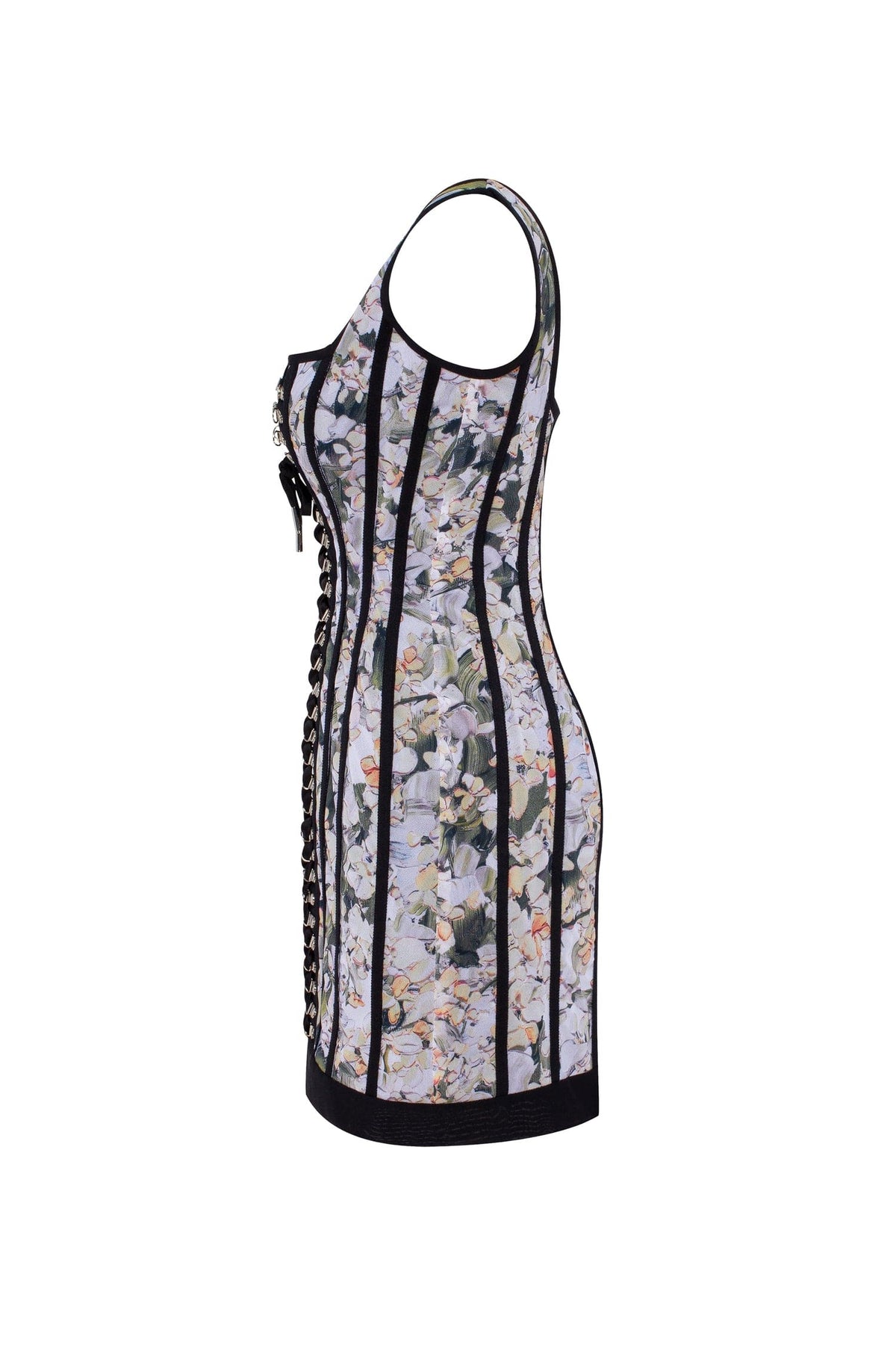 Alluring floral mini dress with bold lace up hook closure