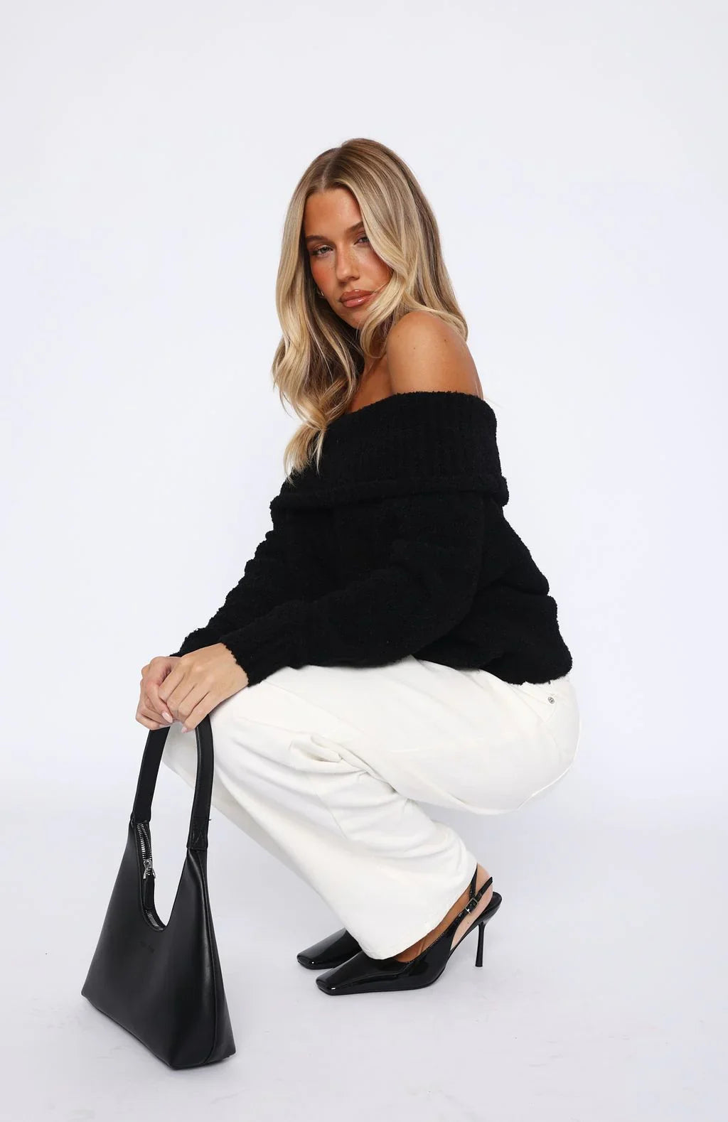 You Dont Need Me Off Shoulder Knit Sweater Black