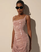 Draped Midi Dress with Metallic Sheen