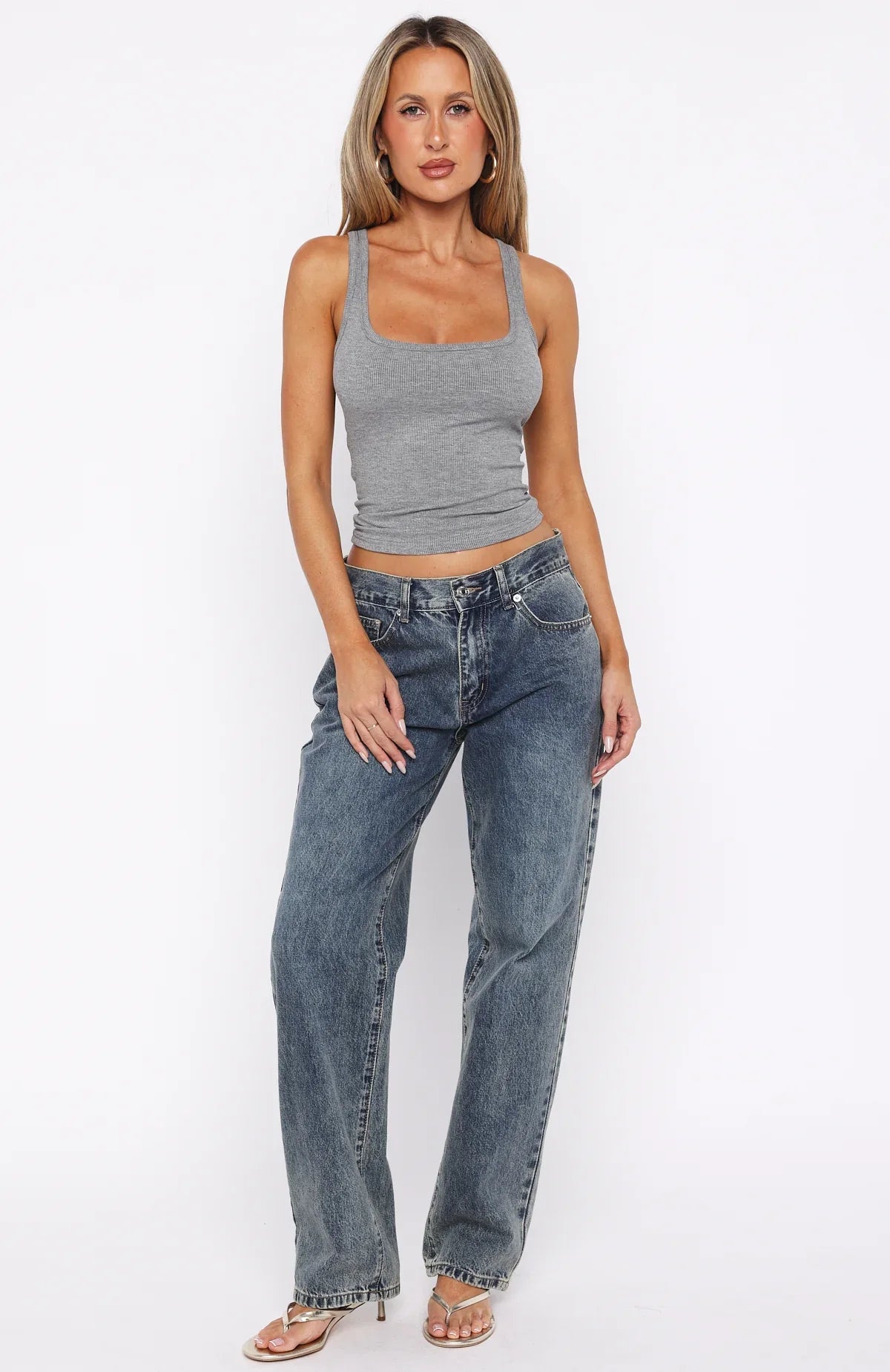 Filled With Life Ribbed Tank Grey Marle