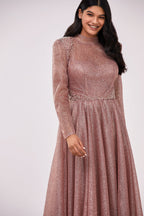 Misty Rose Long sleeve maxi dress decorated with shiny rhinestones