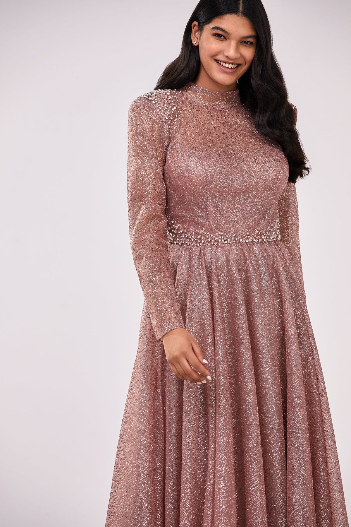 Misty Rose Long sleeve maxi dress decorated with shiny rhinestones